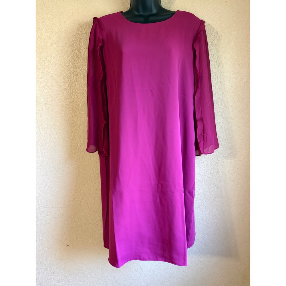 Ann Taylor Petite Magenta Ruffle Sheer Sleeve Shift Dress 16P NWT